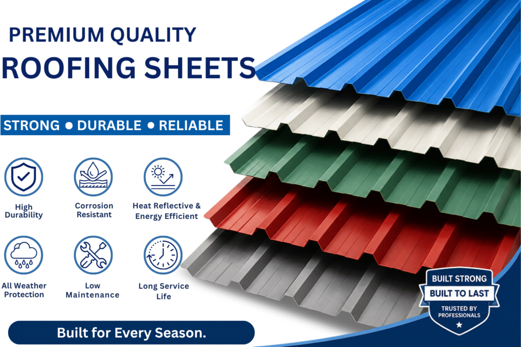 Comparison of PPGL, PPGI, GI, UPVC, and Aluminum roofing sheets showing their lifespan, durability, corrosion resistance, and best applications for industrial, commercial, and residential buildings.