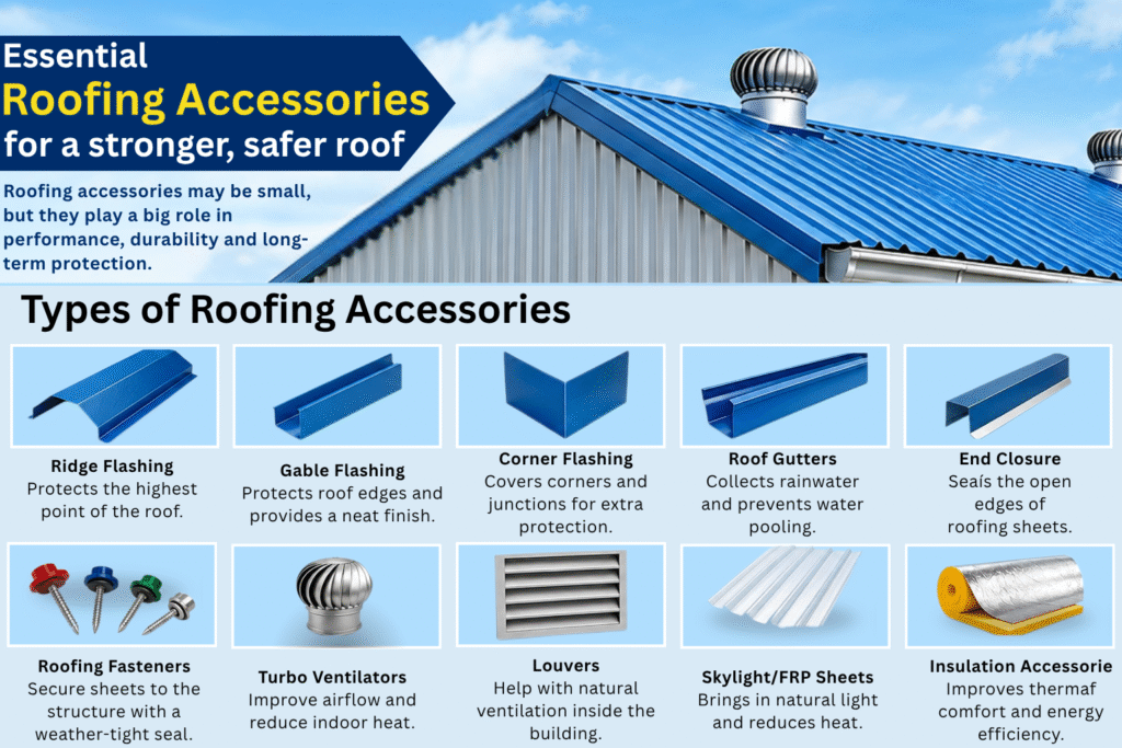 Roofing accessories including ridge flashing gutters fasteners and turbo ventilator for industrial roofing