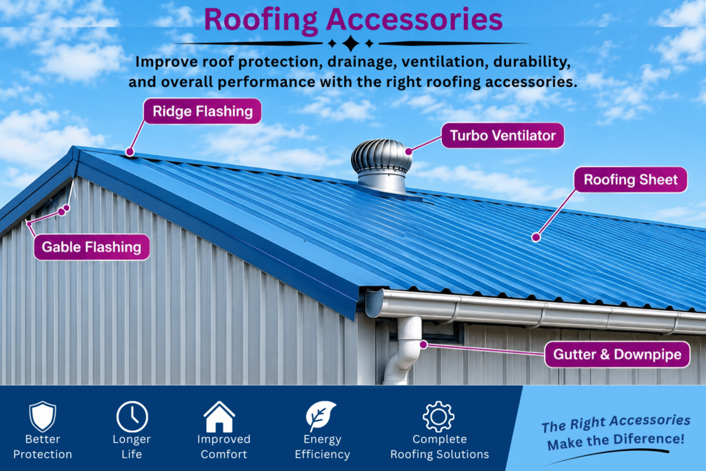 roofing sheet 
turbo ventilator
gutter 
downpipe
gable flashing 
ridge flashing 